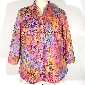 Christopher & Banks Pink Yellow Blue Floral Batik 3/4 Sleeve Blouse Top Size M